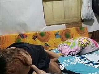 My stepsister with beautiful brunt hair sits on my chest and starts sucking my chest muscle