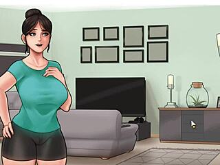 Blonde maid with big breasts assists in sneaky house chores involving handjob on big white cock