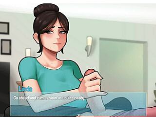 Blonde maid with big breasts assists in sneaky house chores involving handjob on big white cock