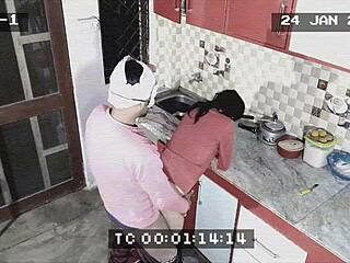Owner catches maid giving blowjob and getting fucked doggystyle in kitchen