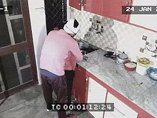 Owner catches maid giving blowjob and getting fucked doggystyle in kitchen