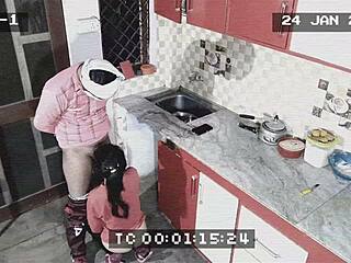 Owner catches maid giving blowjob and getting fucked doggystyle in kitchen