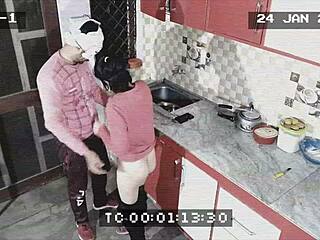 Owner catches maid giving blowjob and getting fucked doggystyle in kitchen