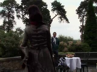 Sexy blonde milf in lingerie rides two cocks while brunette watches.