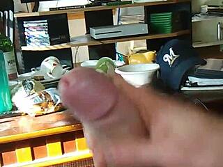 Transsexual jerks off solo and shoots cumshot