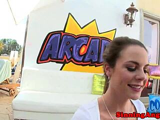 The pornstar gags on his cock, choking deeply.