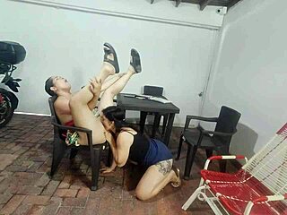 Horny neighbor fucks lesbian hard, sucking ass and tits