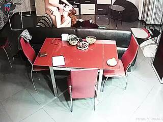 Redhead subtly sucks and licks balls to cum