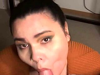 Brunette sucks pierced cock post-orgasm, swallows cum in blowjob!