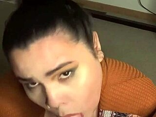 Brunette sucks pierced cock post-orgasm, swallows cum in blowjob!