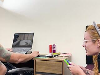 Redhead girlfriend begs me to stop gaming, so I cumshot her tits in doggystyle