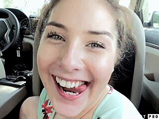 Sexy 18-Year-Old Sucks Cock in Car Backseat