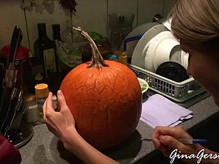Pumpkin carving with skinny blonde amateurs on halloween webcam