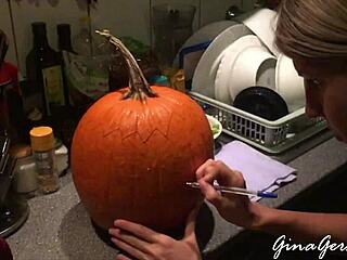 Pumpkin carving with skinny blonde amateurs on halloween webcam