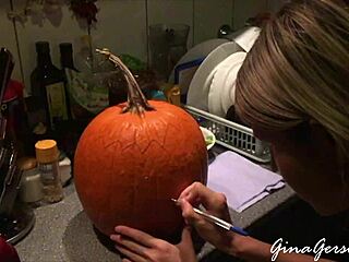 Pumpkin carving with skinny blonde amateurs on halloween webcam