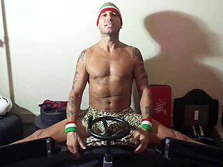 Porn star MaxxxLoadz rips through intense stretch machine workout. Italian tan body shines!