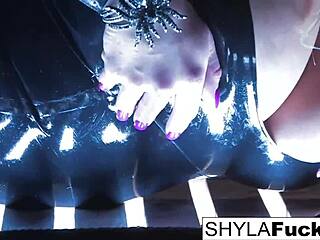 Shyla Stylez indulges in her smoking fetish, showing off her big tits in a solo scene.