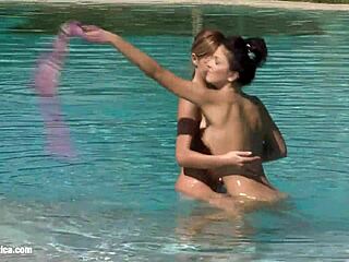 Wow! Poolside lesbian lust with Billy and Jaquelin in hot action!