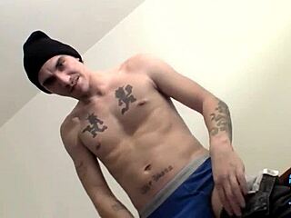 Tattooed thug's solo play with massive cock surprises