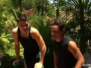 gay jocks get wild in outdoor threesome fucking