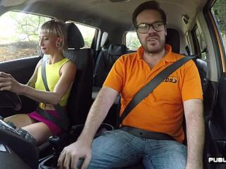 Nipple bearing German gets naughty in a driving lesson