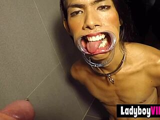 Kinky Asian femboy gets fucked in the rough pissing and blowjob