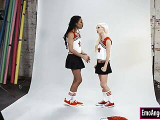 hellish cheerleaders have wild sex with photographer, licking and riding monster cock