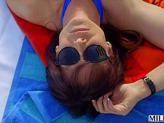 milfy curvy mature syren rides his young 18+ cock poolside while getting her big tits sucked and deepthroated