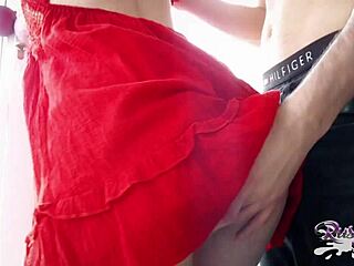 Russian couple stands and fingers sweet girl in red dress, then fucks her pussy passionately with tattoos