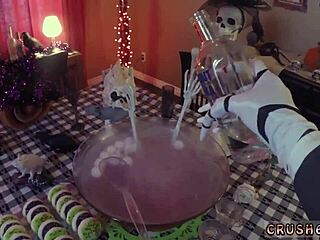 Old lady and teen 18+ enjoy swalloween fun