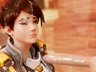 Tracer pays her bet with a sloppy blowjob, ending in a cumshot.
