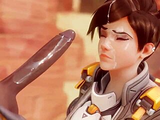 Tracer pays her bet with a sloppy blowjob, ending in a cumshot.