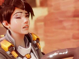 Tracer pays her bet with a sloppy blowjob, ending in a cumshot.