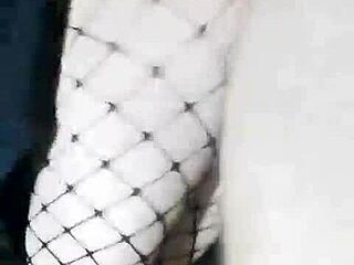 Slender Russian girlfriend in skirt and stockings gets fucked standing with tight pussy and cum inside