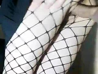 Slender Russian girlfriend in skirt and stockings gets fucked standing with tight pussy and cum inside