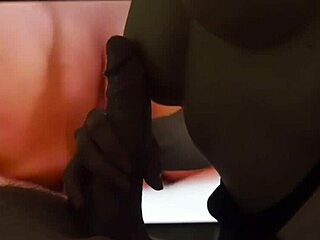 milf blows cock close-up while watching porn