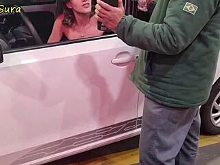 Gas Station Mishap Ends with Shaved Pussy Payment for Big Cock