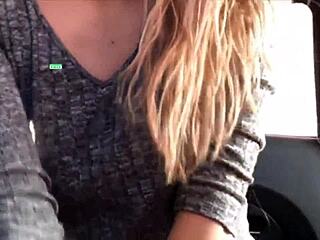 Russian webcam babe with small tits masturbating her tight pussy close-up in the car.