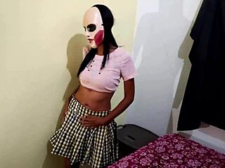 Brunette student skips class for Halloween homemade porn fun