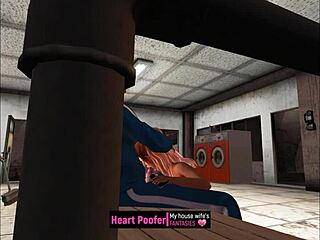 wife washes husband's shirts in the laundry room