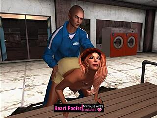 wife washes husband's shirts in the laundry room