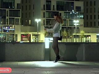 Seductive Russian stunning Victoria Fires a.k.a Jenny Smith is found again seducing people by wearing sheer tights and heels in public places-Shirt exposing her beauty