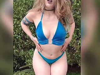 Blonde slut Electra Rayne strips, twerks, and bangs dildo outdoors