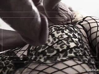 the blonde babe in fishnets loved her threesome cowgirl ride with two cocks