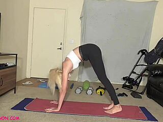 Chanel grey practices yoga with instructor