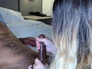 Big booty blonde rides big black cock cowgirl style on the sofa, close-up view