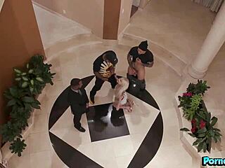 Busty stripper Bella Jane bangs a threesome with three big dolled up men