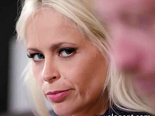 Busty milf takes two cocks in wild spitroast