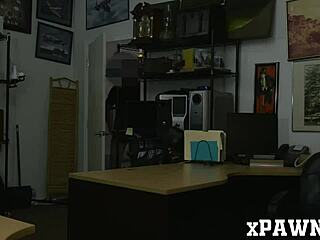 pretty lady negotiates in pawnshop with bent over spying