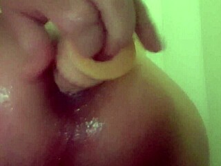 sexy lesbian anal with big dildo in shower